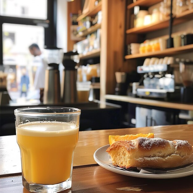 Foto un vaso de jugo de naranja se sienta en una mesa junto a un plato de comida