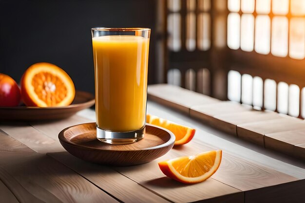 Un vaso de jugo de naranja se sienta en una mesa de madera junto a una bandeja de madera con rodajas de naranja.