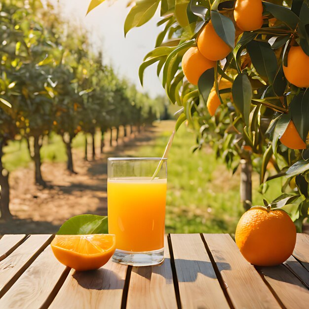 un vaso de jugo de naranja se sienta en una mesa de madera junto a las naranjas