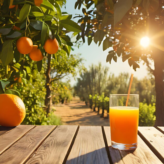 Foto un vaso de jugo de naranja se sienta en una mesa de madera con naranjas en ella