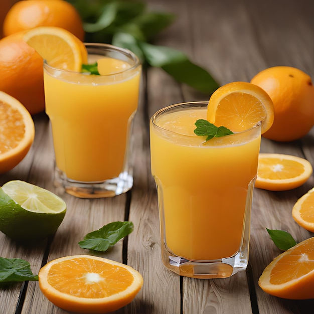 un vaso de jugo de naranja se sienta en una mesa de madera con naranjas y hojas de menta