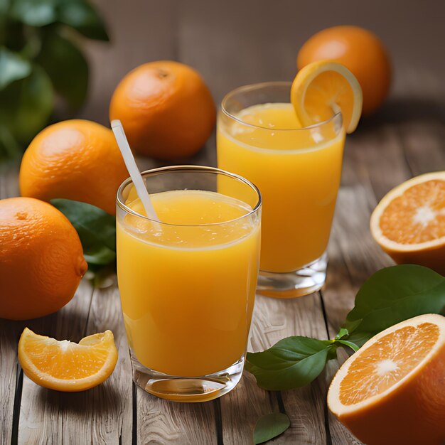 un vaso de jugo de naranja se sienta en una mesa de madera