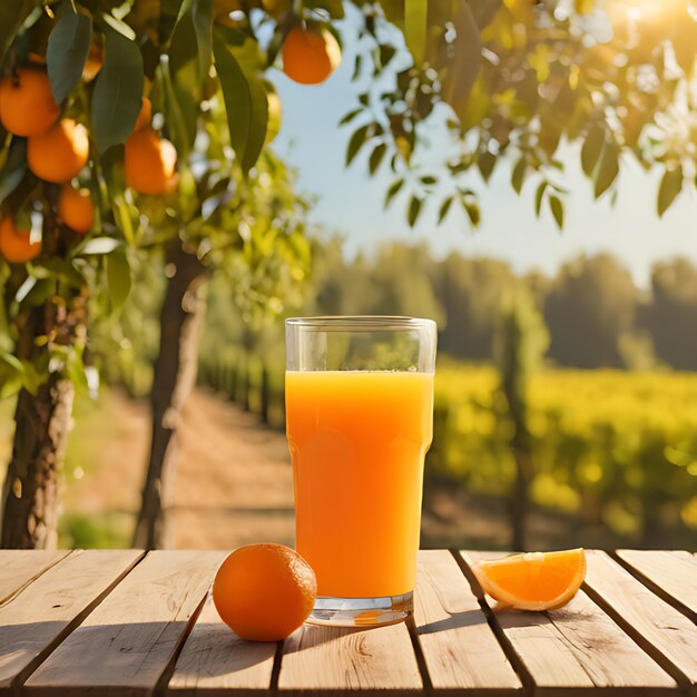 un vaso de jugo de naranja se sienta en una mesa de madera