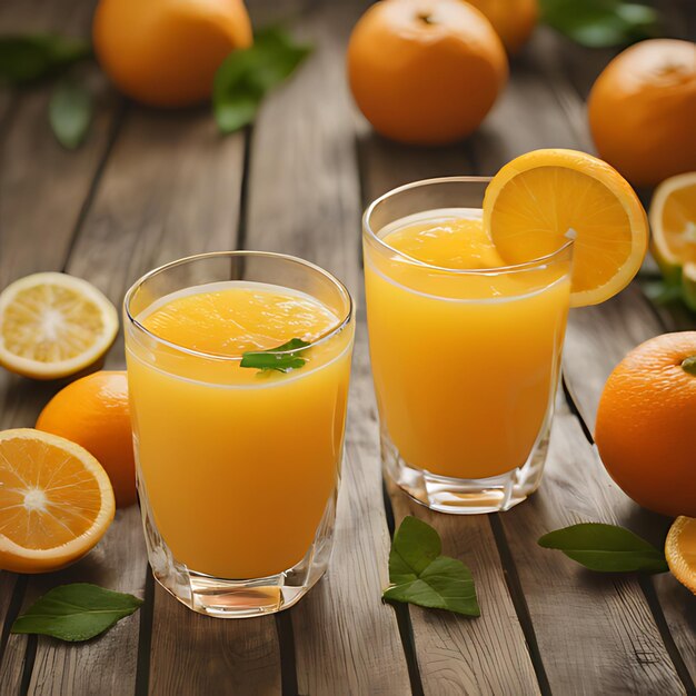 un vaso de jugo de naranja se sienta en una mesa de madera