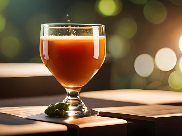 Un vaso de jugo de naranja se sienta en una mesa con uvas verdes.