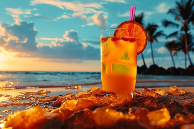 un vaso de jugo de naranja se sienta en una playa con una paja