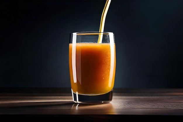 Un vaso de jugo de naranja se vierte en un vaso.