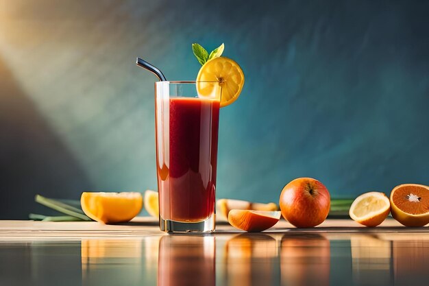 Un vaso de jugo con naranjas y limones sobre la mesa.