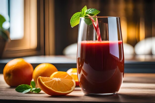 Un vaso de jugo con una pajita y una pajita en el fondo