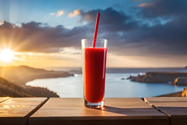 Un vaso de jugo con una pajita sobre la mesa.