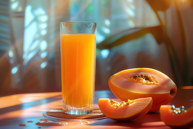 Un vaso de jugo de papaya en la mesa en un café de primer plano