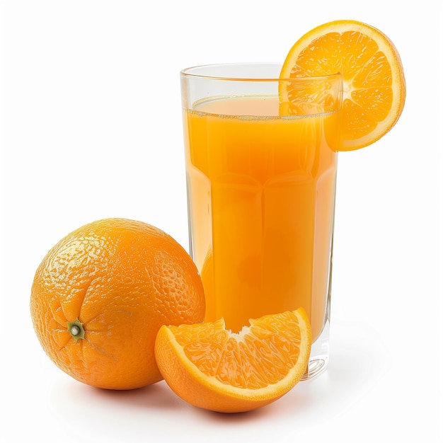 Foto vaso con jugo y pedazos de naranja aislados sobre un fondo blanco