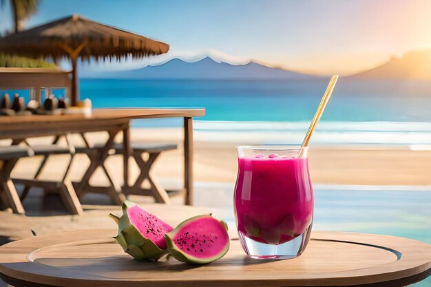 Un vaso de jugo de pitaya sobre una mesa con fondo de playa