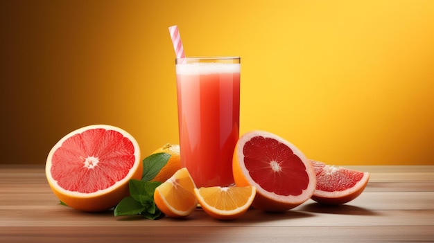 Vaso de jugo de pomelo y frutas frescas en una mesa de madera con fondo naranja IA generativa