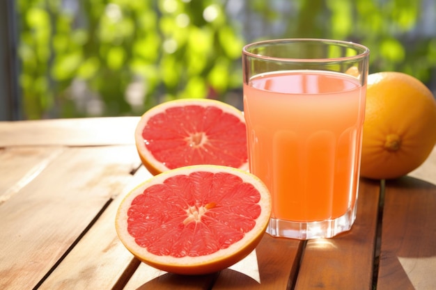 Vaso de jugo de pomelo en una mesa del porche a la luz del sol