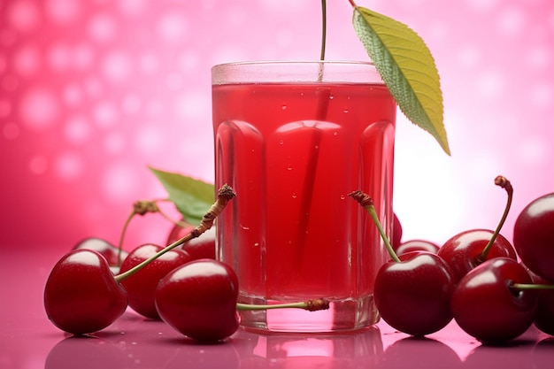 Foto un vaso de jugo rojo con bayas de cereza en una tabla de madera