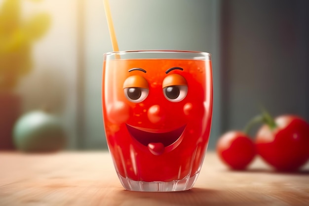 Un vaso de jugo rojo con una carita sonriente.