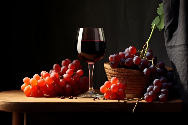 Un vaso de jugo rojo junto a uvas y un plato de fruta