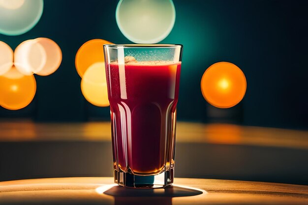 un vaso de jugo rojo se sienta en una mesa de madera.