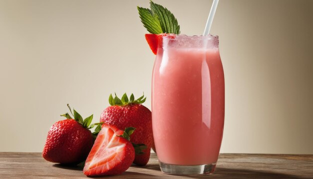 Un vaso de jugo rosado con fresas.