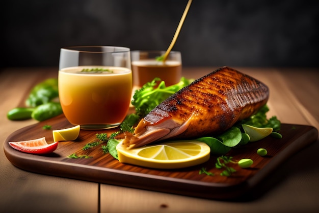 Un vaso de jugo y salmón en una tabla de madera con un vaso de jugo de limón