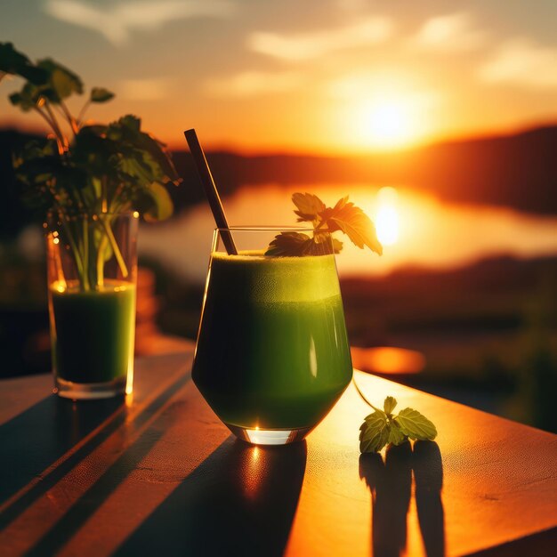 un vaso de jugo saludable al atardecer