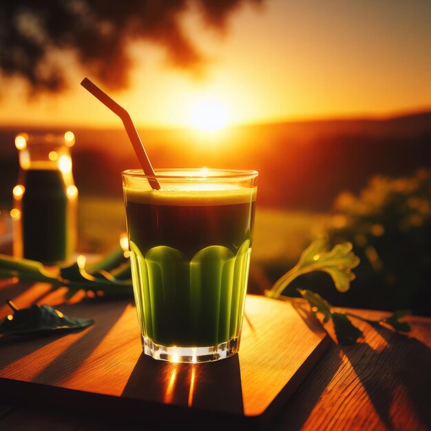 un vaso de jugo saludable al atardecer