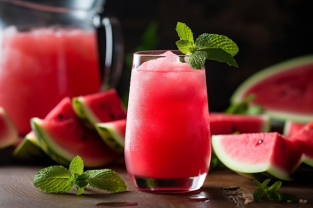 Vaso de jugo de sandía con hielo triturado sobre un fondo oscuro