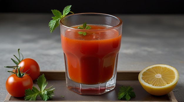 Foto un vaso de jugo de tomate adornado con tomate cereza ai foto