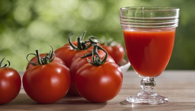 Foto un vaso de jugo de tomate está al lado de una pila de tomates frescos