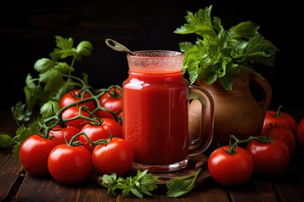 Foto un vaso de jugo de tomate con apio en madera negra