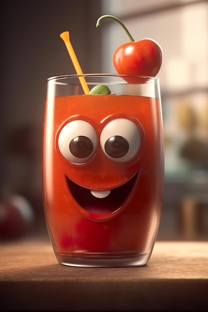 Un vaso de jugo de tomate con una cara sonriente en la parte superior.