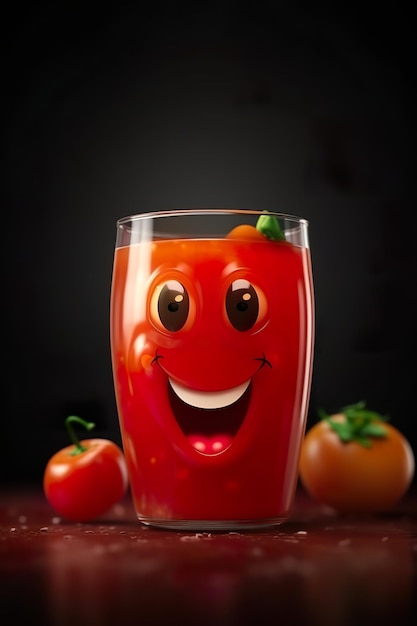 Un vaso de jugo de tomate con una cara sonriente.