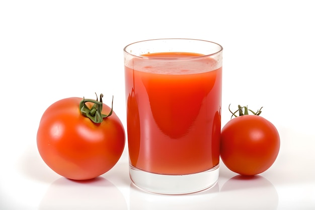 Un vaso de jugo de tomate con dos tomates más pequeños al lado.