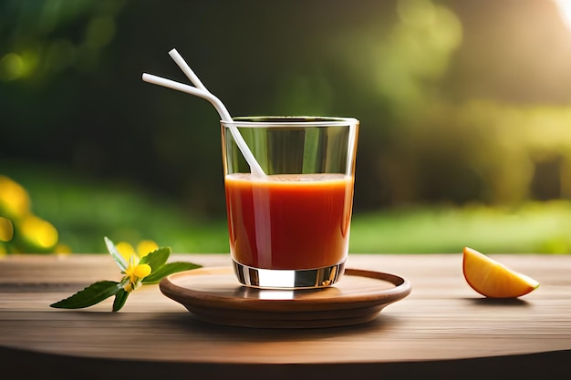 Un vaso de jugo de tomate con una pajita al lado