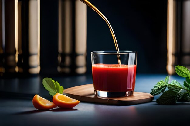 Foto un vaso de jugo de tomate siendo vertido en un vaso.