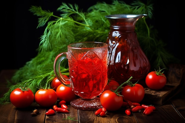 Un vaso de jugo de tomate y un tomate.