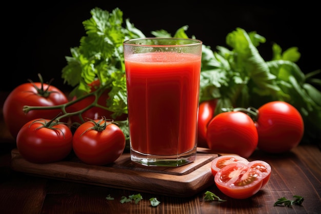 Un vaso de jugo de tomate con tomates sobre una mesa de madera