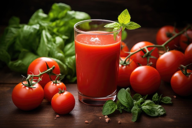 Un vaso de jugo de tomate con tomates sobre una mesa de madera