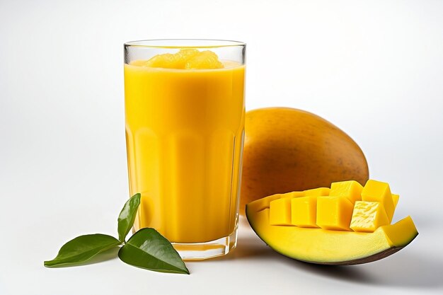 Vaso de jugo y trozos de mango sobre fondo blanco.