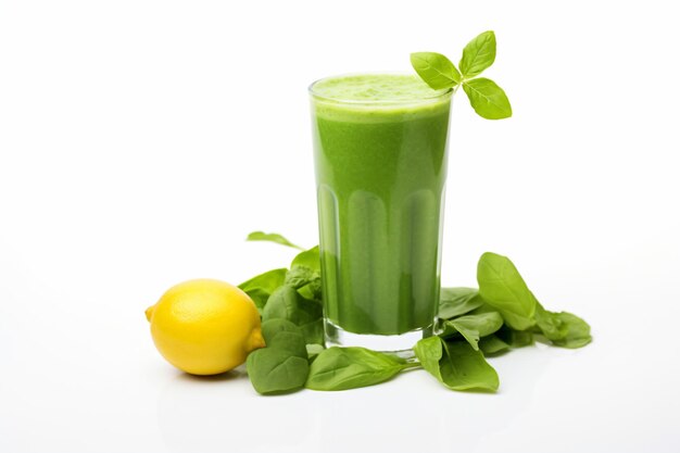 Foto un vaso de jugo verde al lado de un limón