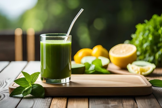 Un vaso de jugo verde en un ambiente tropical concepto de jugo de desintoxicación dieta salud buena nutrición