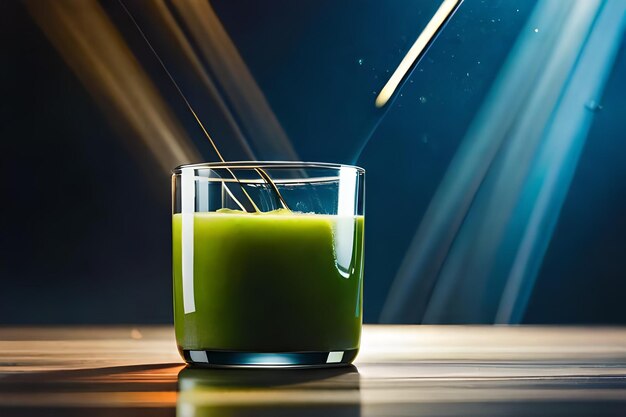 un vaso de jugo verde con una cuchara en él