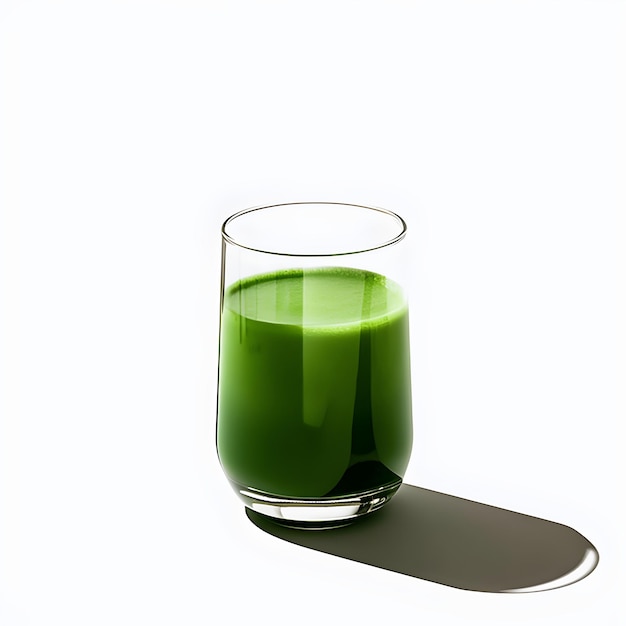 Un vaso de jugo verde está sobre un fondo blanco.