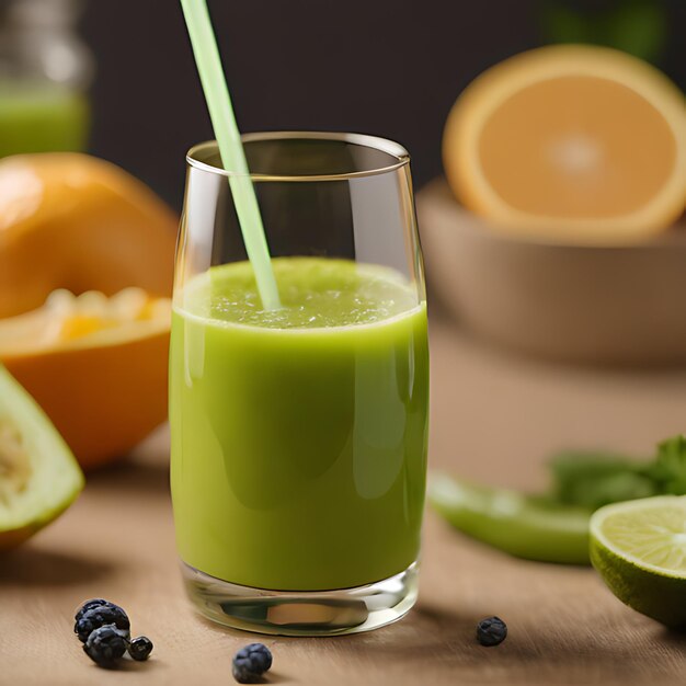 Foto un vaso de jugo verde está lleno de un líquido verde