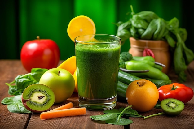 Un vaso de jugo verde con una manzana verde y otras frutas sobre la mesa.
