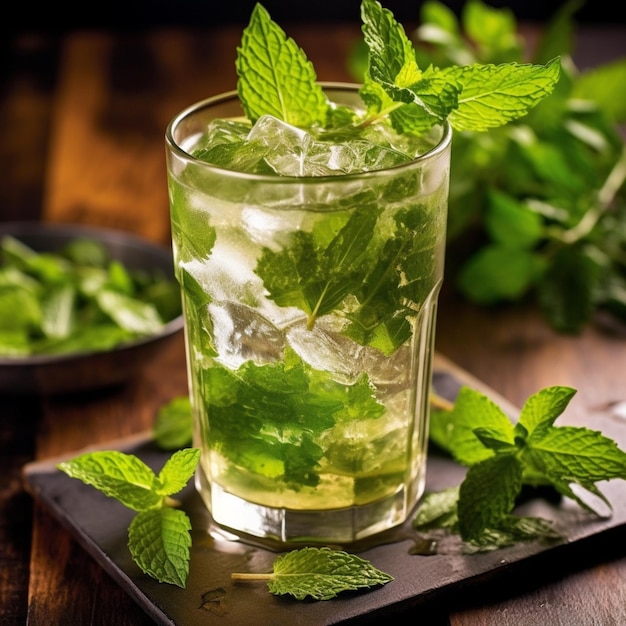 Un vaso de julepe de menta sobre una mesa de madera con un plato de hojas de menta