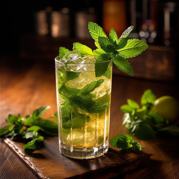 Un vaso de julepe de menta sobre una tabla de madera con una lima y una lima al lado.