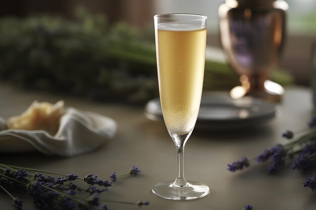 Un vaso de lavanda y una botella de lavanda sobre una mesa.