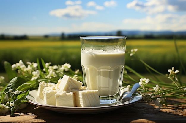 un vaso de leche al lado de un plato de queso y un plito de mantequilla